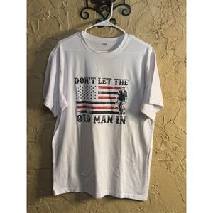 Don't Let The Old Man In American Flag Cowboy Graphic T-Shirt White Size M